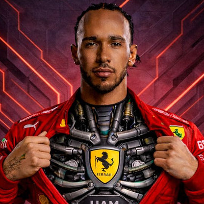 Lewis wearing a red Ferrari jacket with a mechanical chest design against a red geometric background